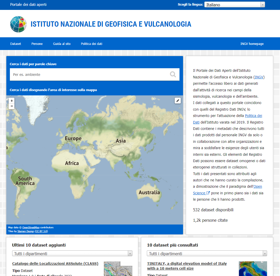 Screenshot della pagina principale di data.ingv.it